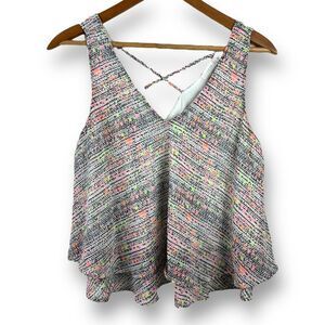Lush Women's Size L Tiered Tank Top Black Neon Abstract Print Criss Cross Flowy